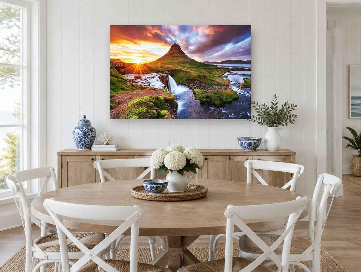 Sunburst Over Green Peak landscape canvas print on the wall of a Hamptons dining room