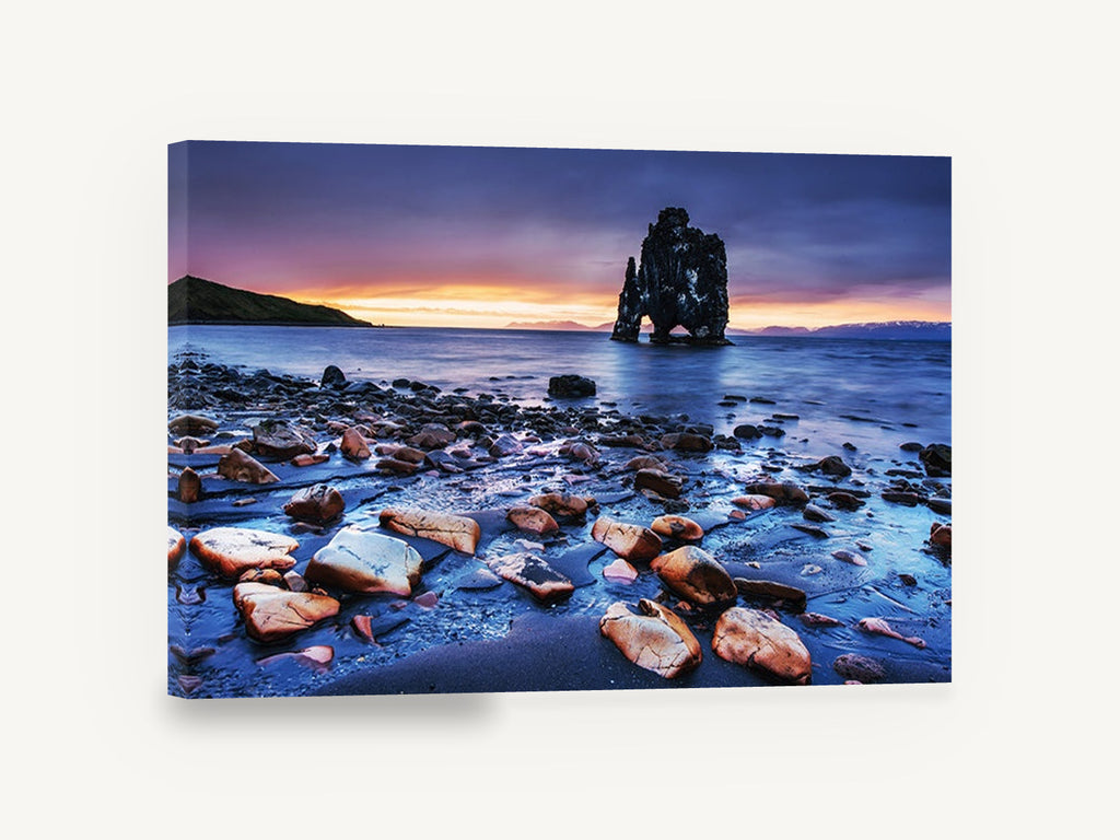 Twilight Sea Stack, sea stack sunset beach photograph, coastal canvas wall art print ready to hang