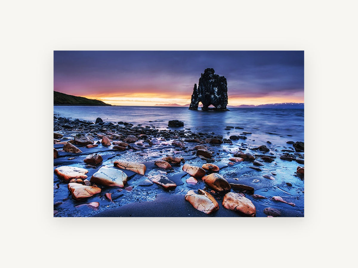 Twilight Sea Stack, coastal canvas wall art print, front view