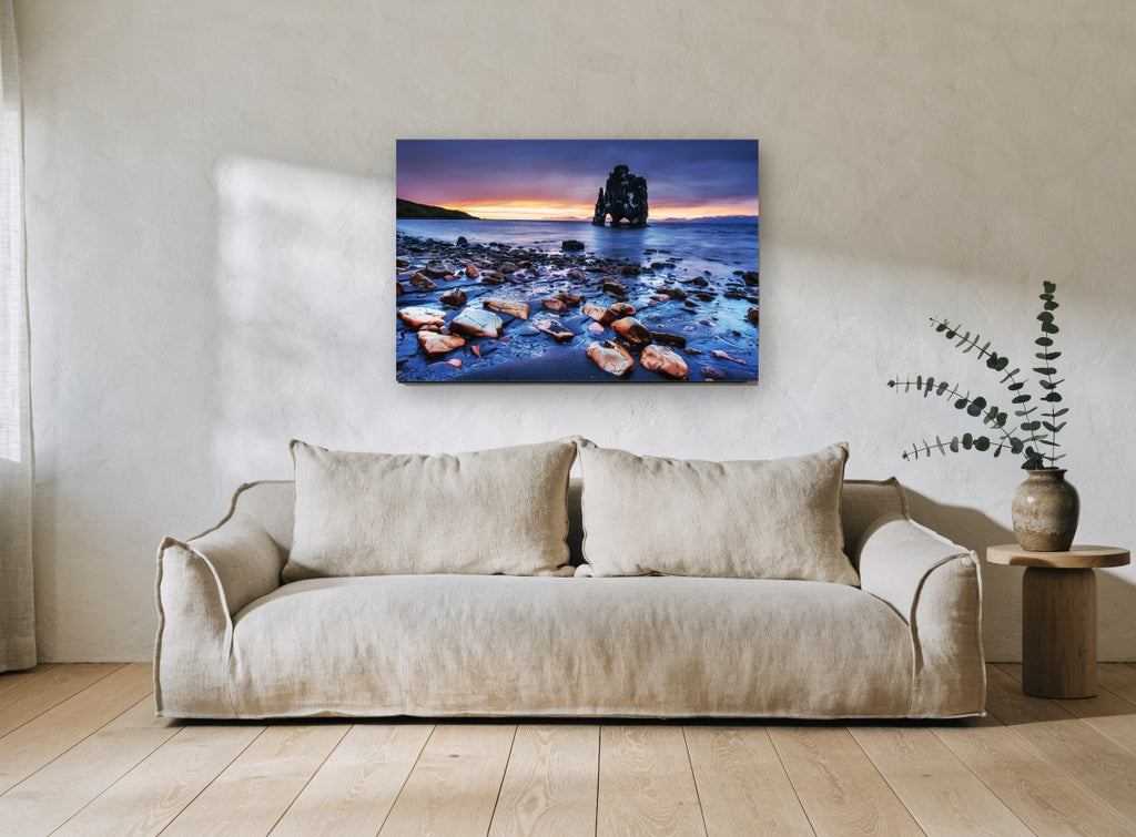 Twilight Sea Stack coastal canvas print on the wall of a living room