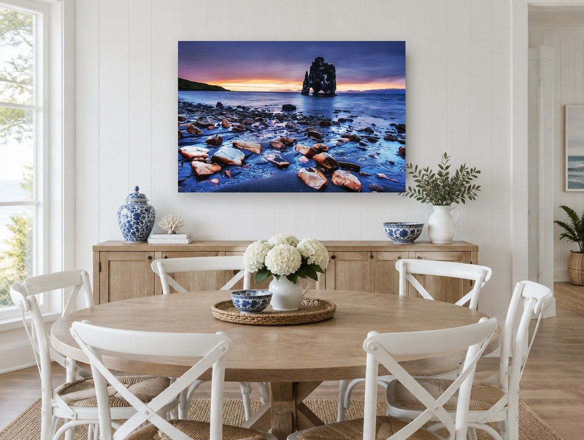 Twilight Sea Stack coastal canvas print on the wall of a Hamptons dining room