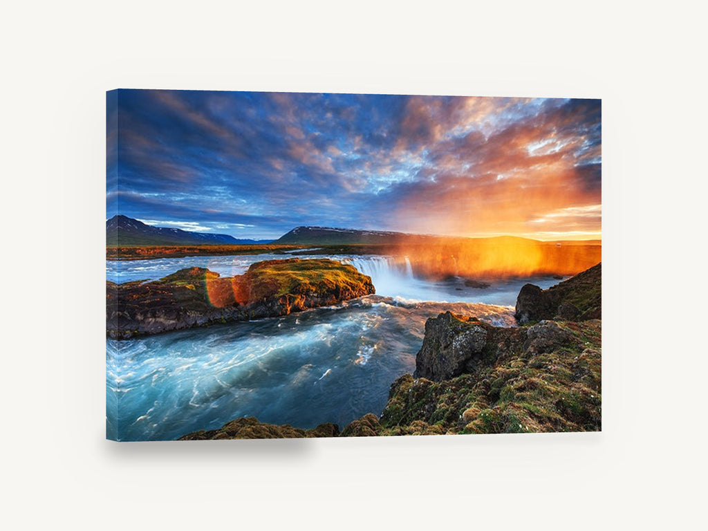 Golden Falls Sunset, waterfall sunset landscape photograph, landscape canvas wall art print ready to hang