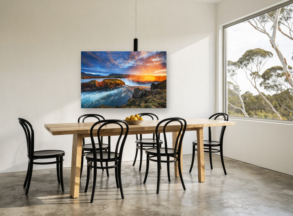 Golden Falls Sunset landscape canvas print on the wall of a dining room