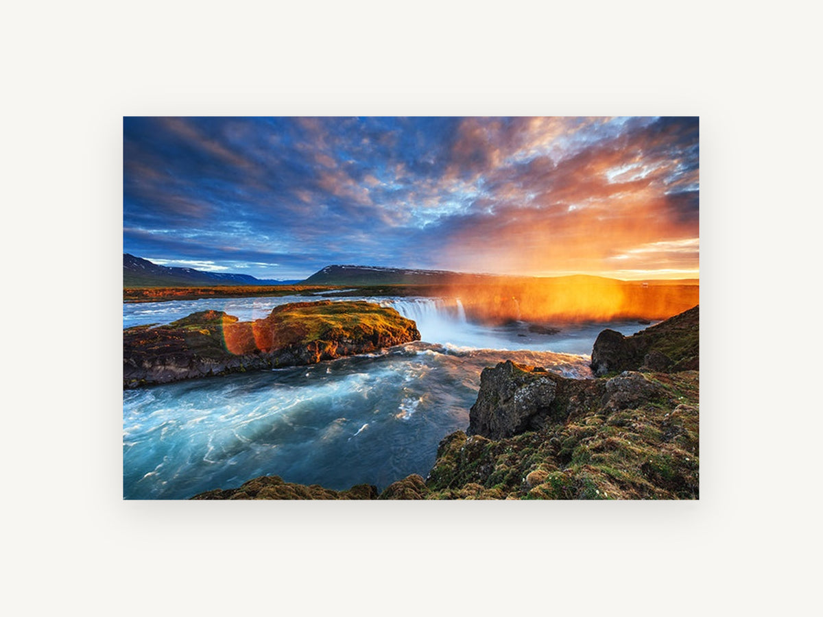 Golden Falls Sunset, waterfall sunset landscape photograph, landscape canvas wall art print, front view