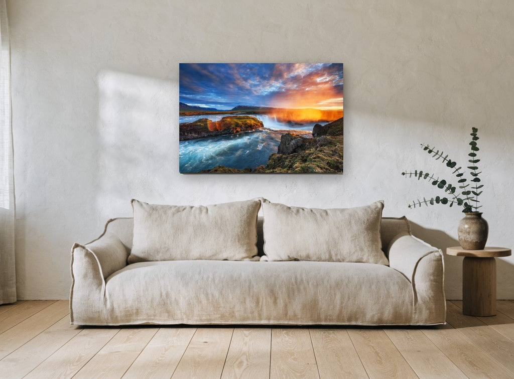 Golden Falls Sunset landscape canvas print on the wall of a living room