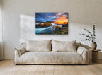 Golden Falls Sunset landscape canvas print on the wall of a living room