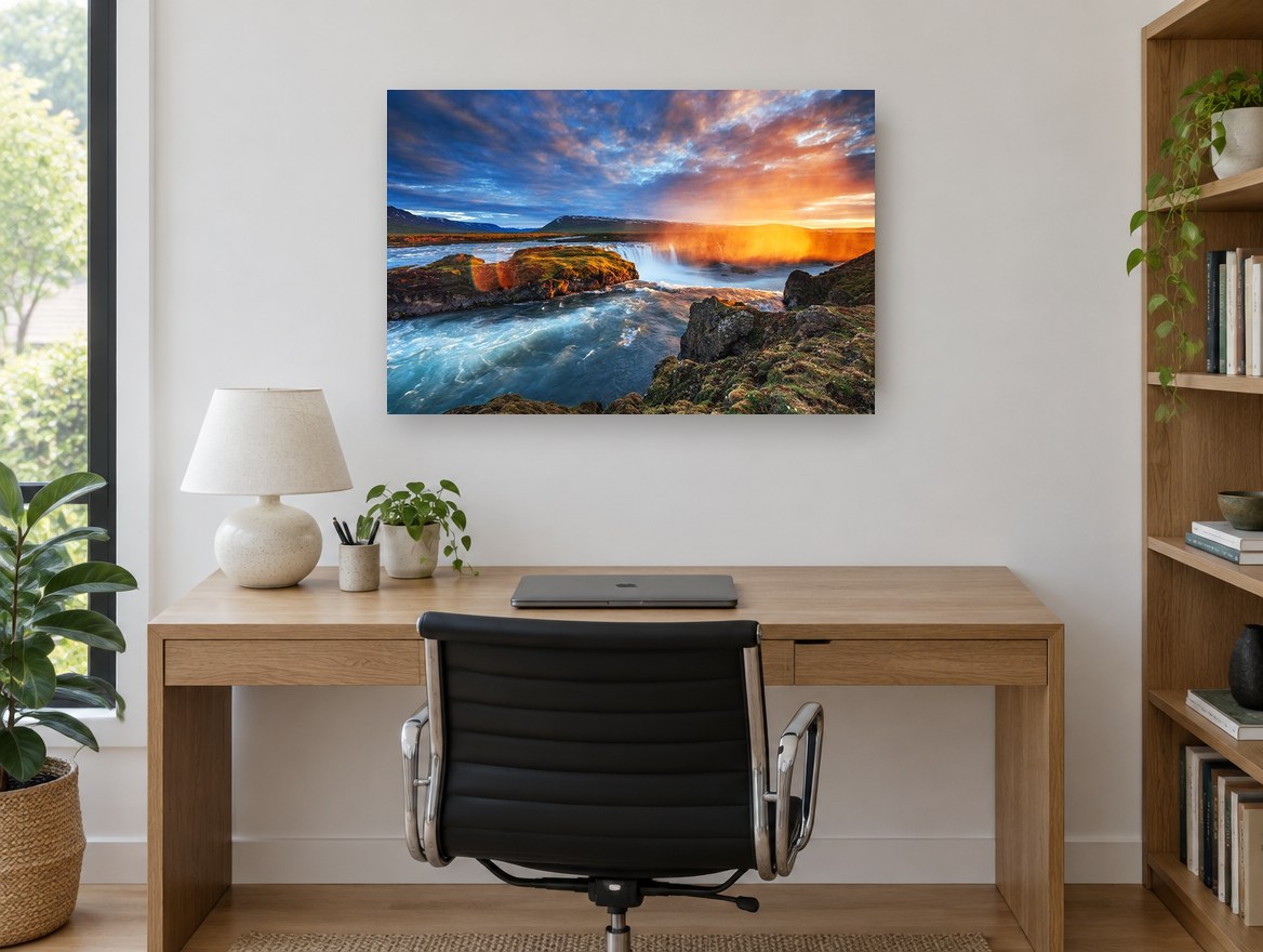 Golden Falls Sunset landscape canvas print on the wall of a study
