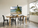 Turquoise Tide Palm coastal canvas print on the wall of a dining room