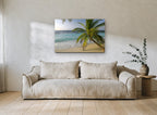 Turquoise Tide Palm coastal canvas print on the wall of a living room