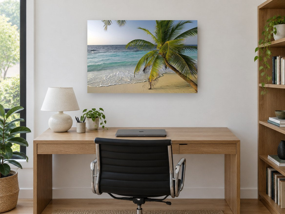 Turquoise Tide Palm coastal canvas print on the wall of a study