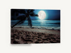 Moonlit Palm Shore, full moon tropical beach night photograph, coastal canvas wall art print ready to hang