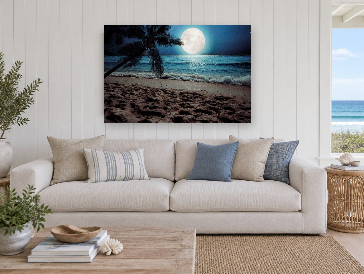 Moonlit Palm Shore coastal canvas print on the wall of a beach house living room