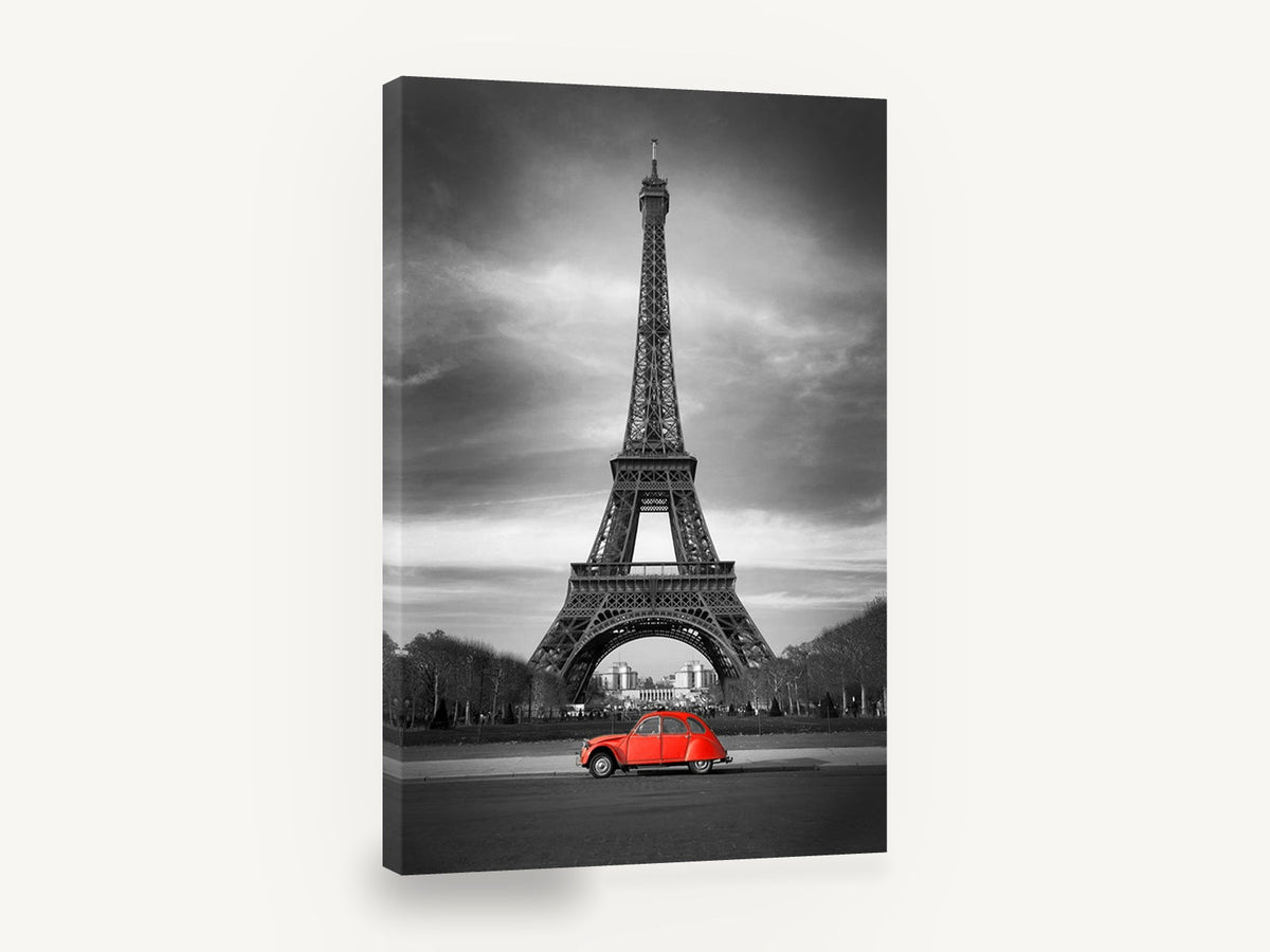 Red Car Below Eiffel, eiffel tower red car black and white photograph, city canvas wall art print ready to hang