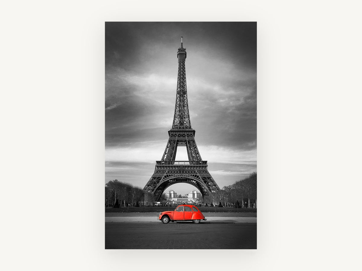 Red Car Below Eiffel, eiffel tower red car black and white photograph, city canvas wall art print, front view