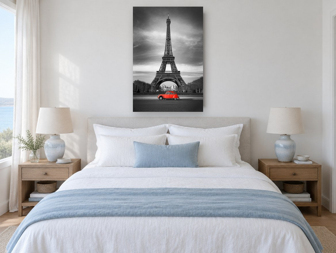 Red Car Below Eiffel city canvas print on the wall of a bedroom
