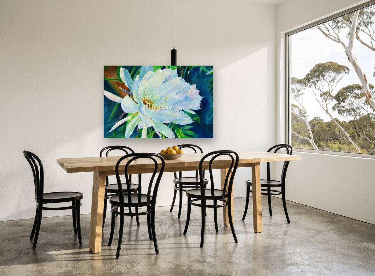 Night Bloom Moonlight floral canvas print on the wall of a dining room