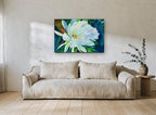 Night Bloom Moonlight floral canvas print on the wall of a living room