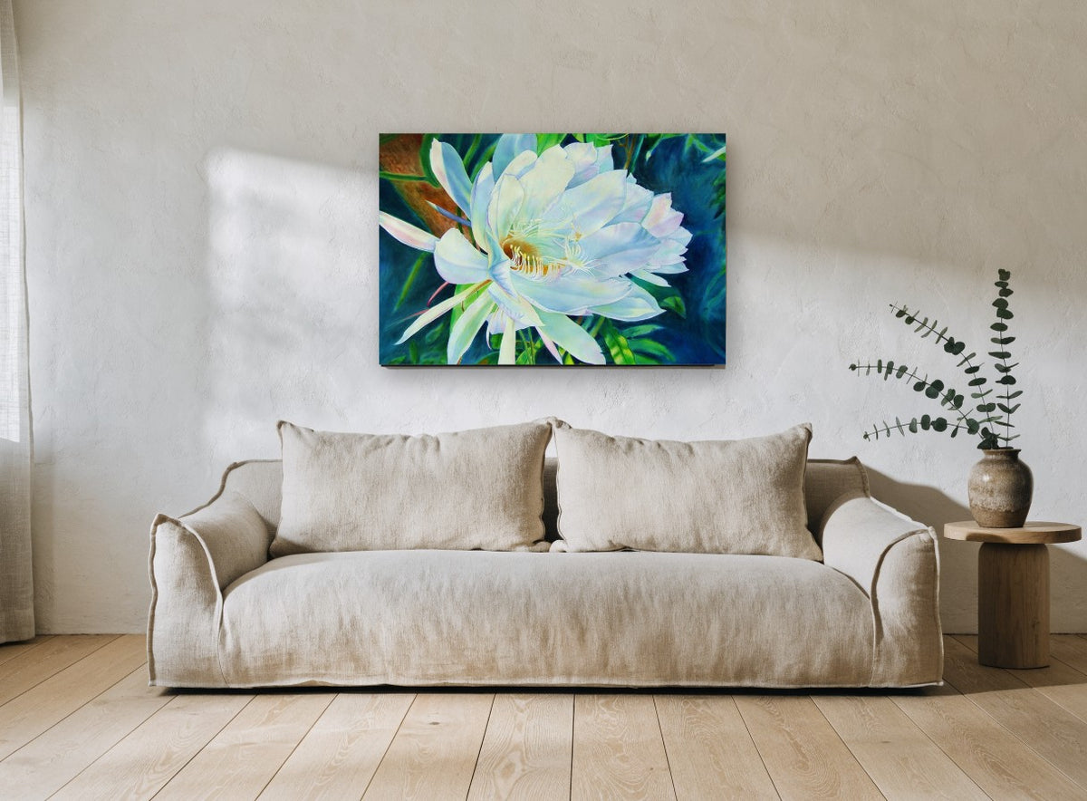 Night Bloom Moonlight floral canvas print on the wall of a living room