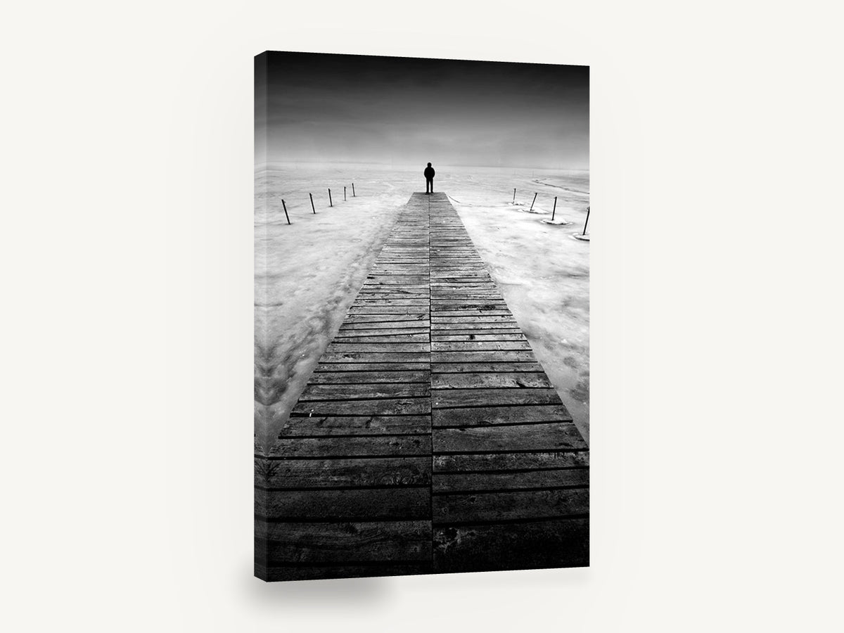 Lone Figure Jetty, lone figure on jetty black and white, coastal canvas wall art print ready to hang