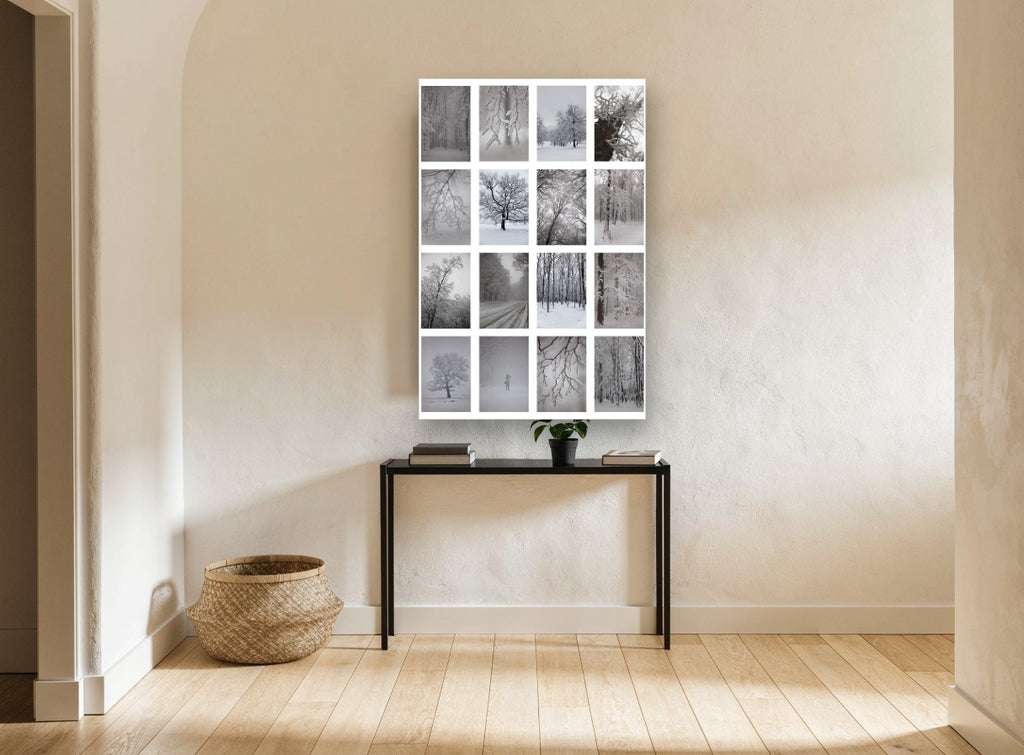 Winter Woodland Grid floral canvas print on the wall of a hallway