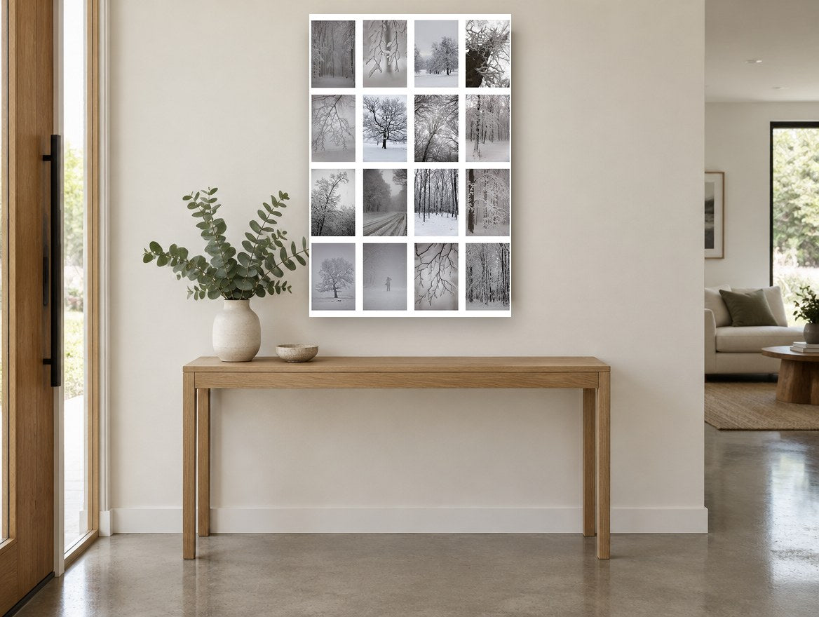 Winter Woodland Grid floral canvas print on the wall of a entry hall