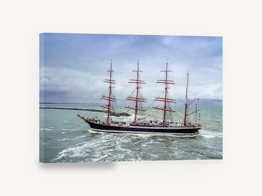 Four Masts in the Swell, tall ship passing lighthouse photograph, coastal canvas wall art print ready to hang