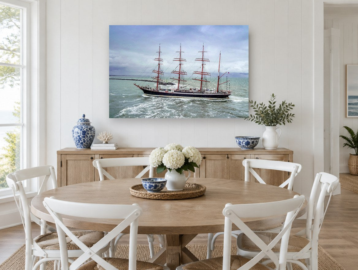 Four Masts in the Swell coastal canvas print on the wall of a Hamptons dining room
