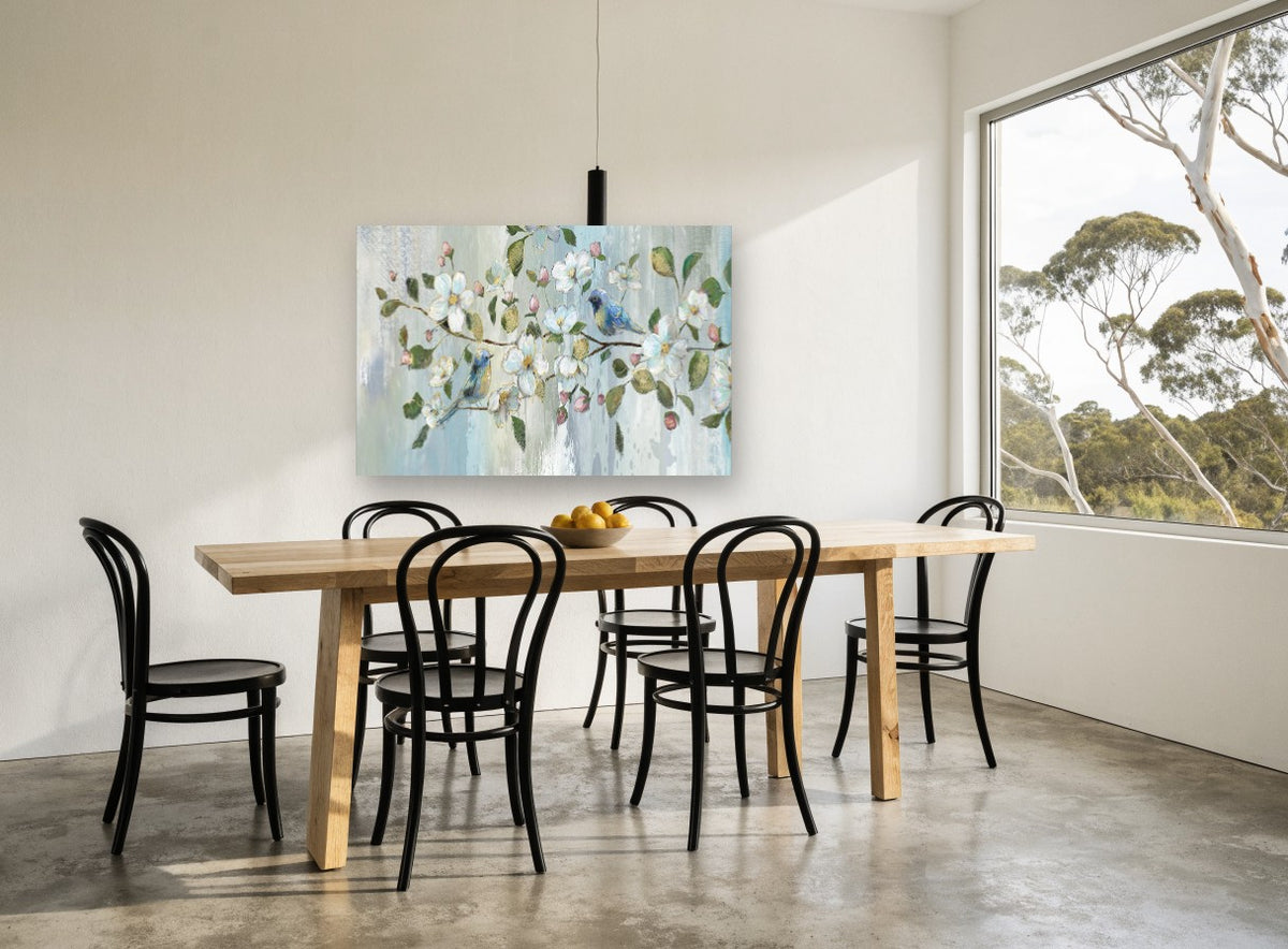 Bluebirds in Blossom floral canvas print on the wall of a dining room