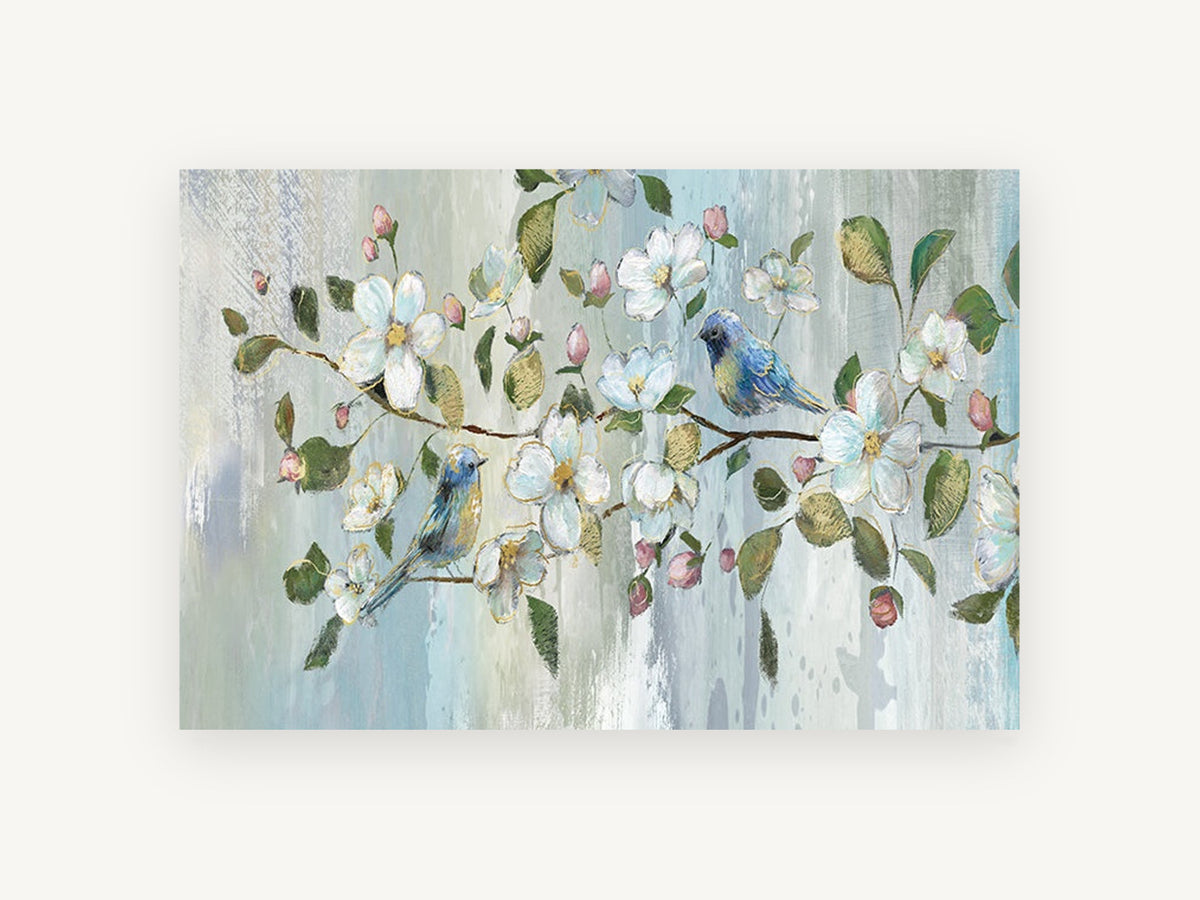 Bluebirds in Blossom, floral canvas wall art print, front view