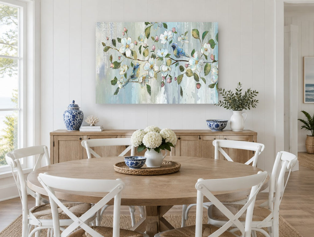 Bluebirds in Blossom floral canvas print on the wall of a Hamptons dining room