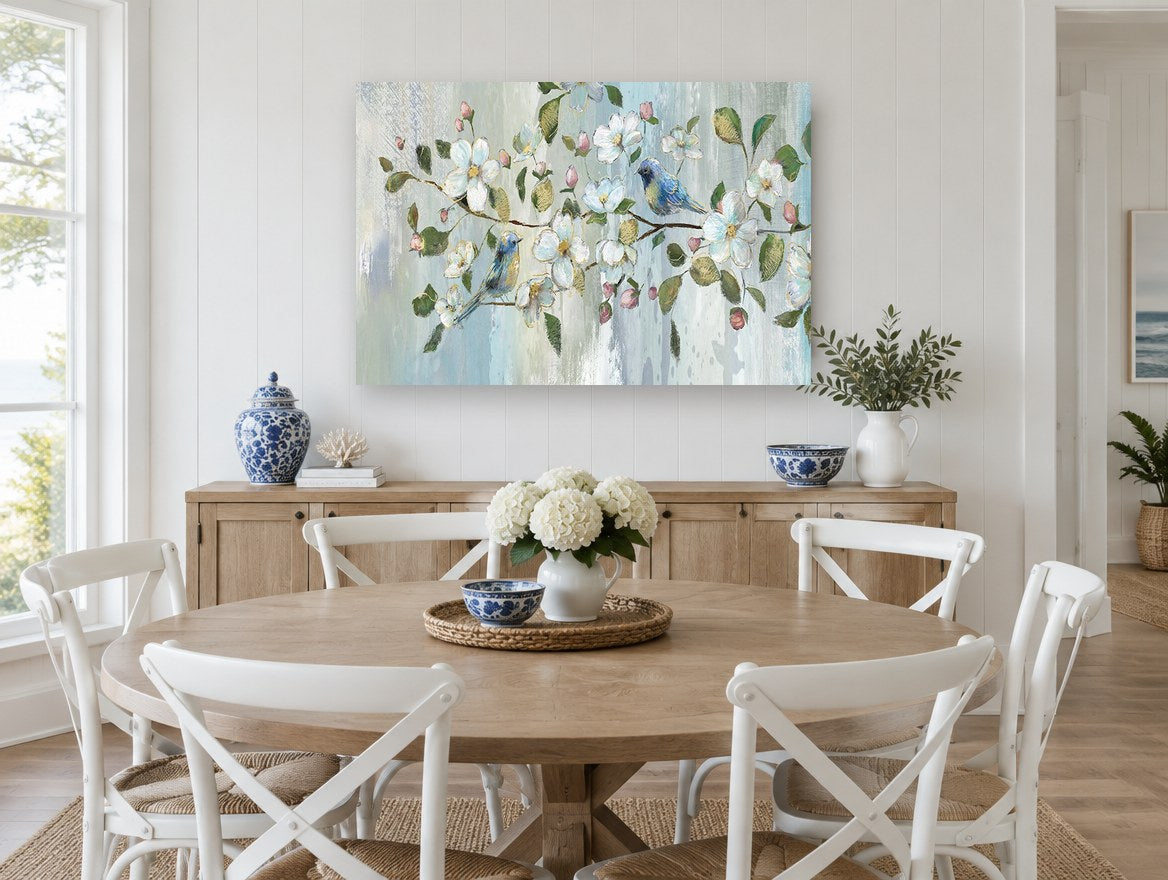 Bluebirds in Blossom floral canvas print on the wall of a Hamptons dining room