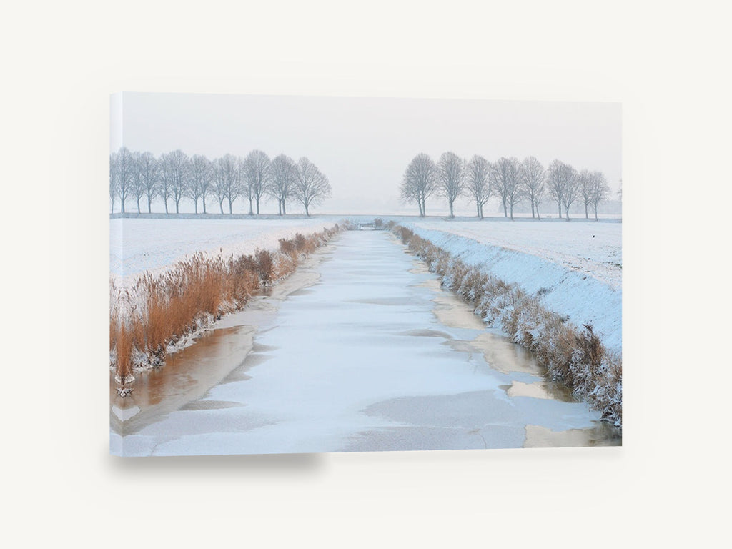 Frozen Canal Morning, frozen canal winter trees photograph, landscape canvas wall art print ready to hang