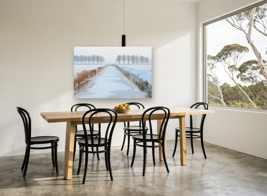 Frozen Canal Morning landscape canvas print on the wall of a dining room