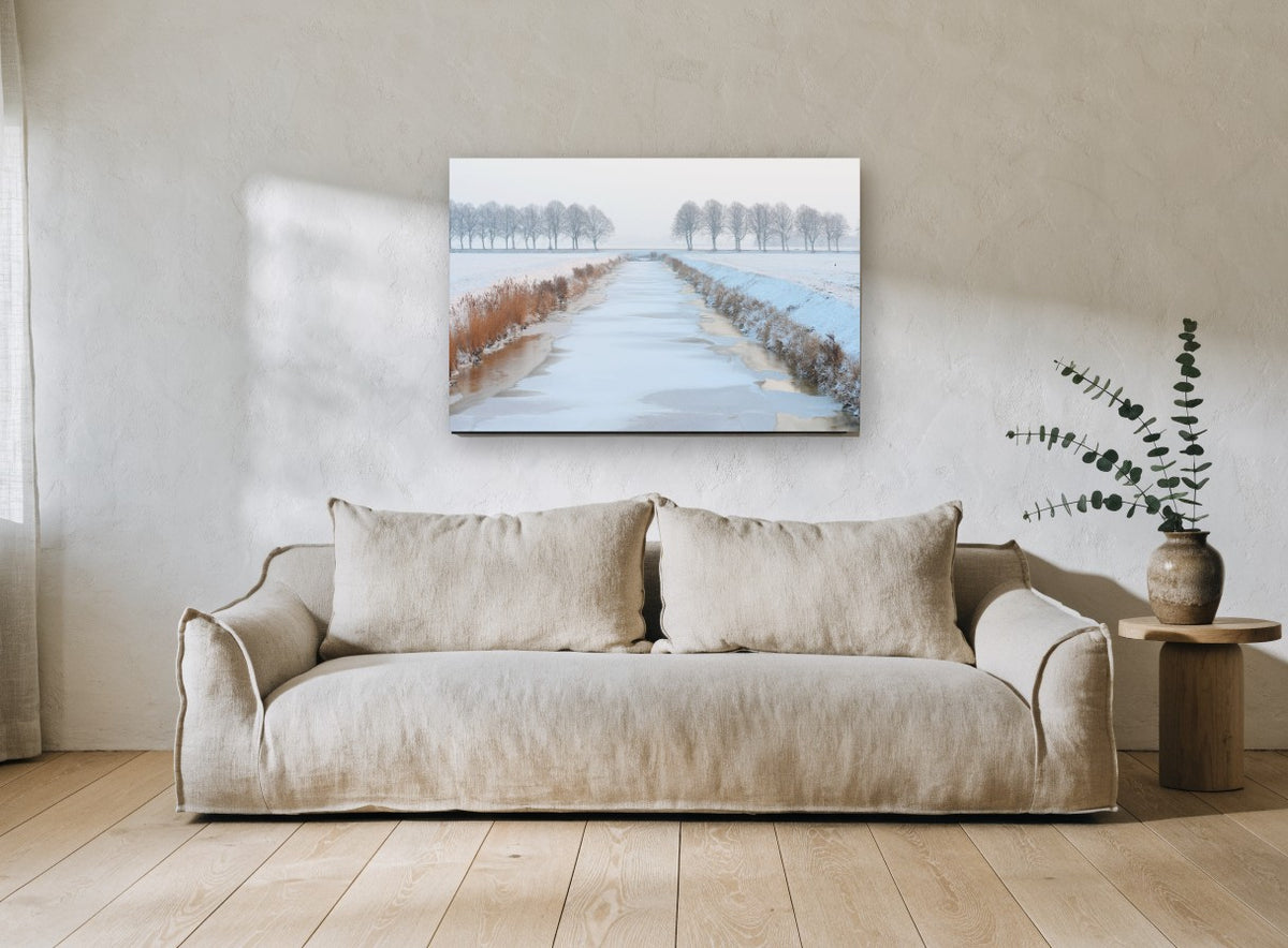 Frozen Canal Morning landscape canvas print on the wall of a living room