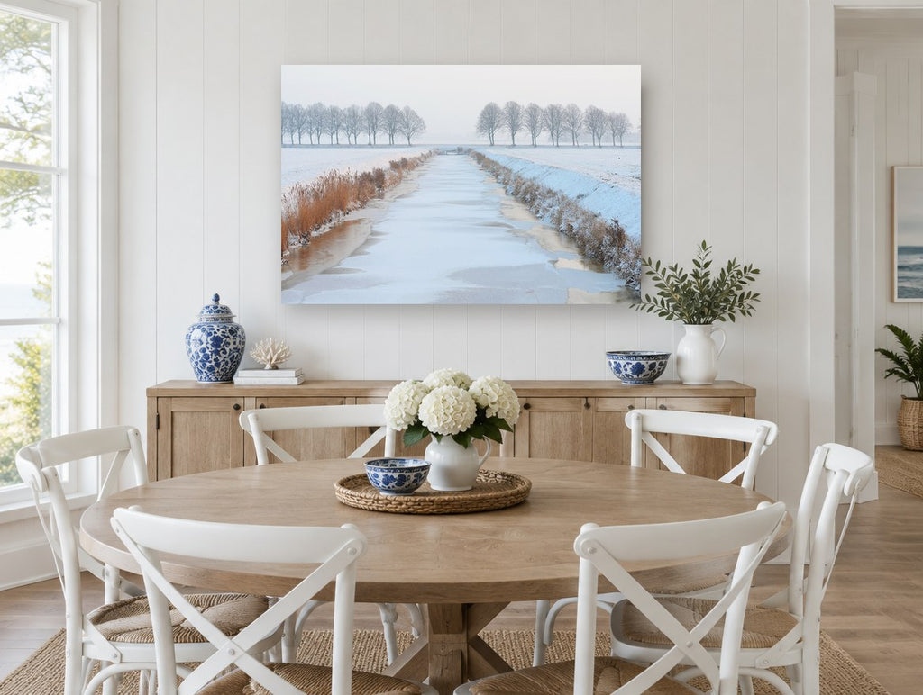 Frozen Canal Morning landscape canvas print on the wall of a Hamptons dining room