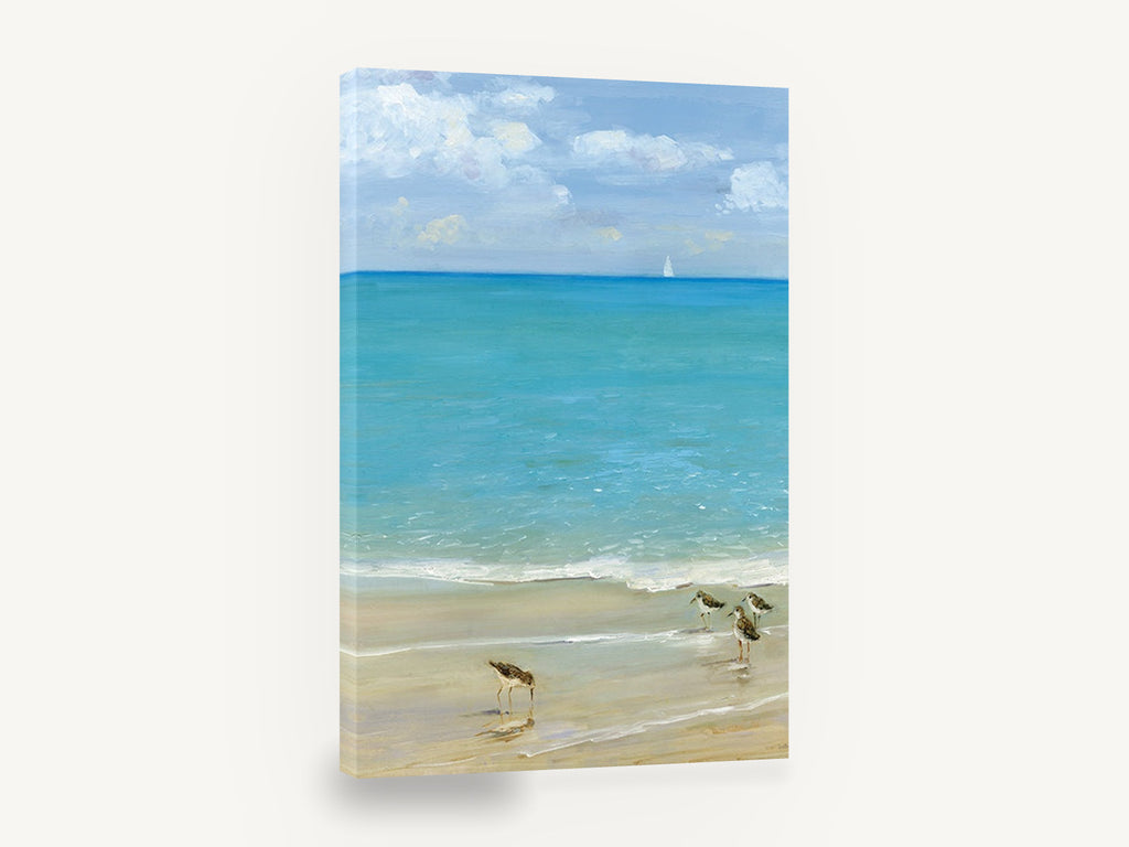 Sandpipers at the Shoreline, sandpipers turquoise sea beach artwork, coastal canvas wall art print ready to hang