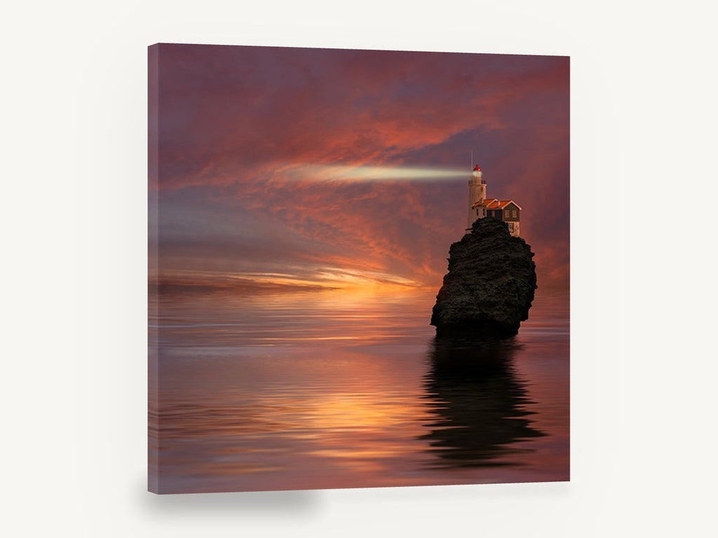 Lighthouse Rock at Dusk, lighthouse on sea rock sunset photograph, landscape canvas wall art print ready to hang