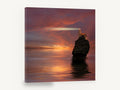 Lighthouse Rock at Dusk, lighthouse on sea rock sunset photograph, landscape canvas wall art print ready to hang