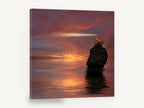Lighthouse Rock at Dusk, lighthouse on sea rock sunset photograph, landscape canvas wall art print ready to hang