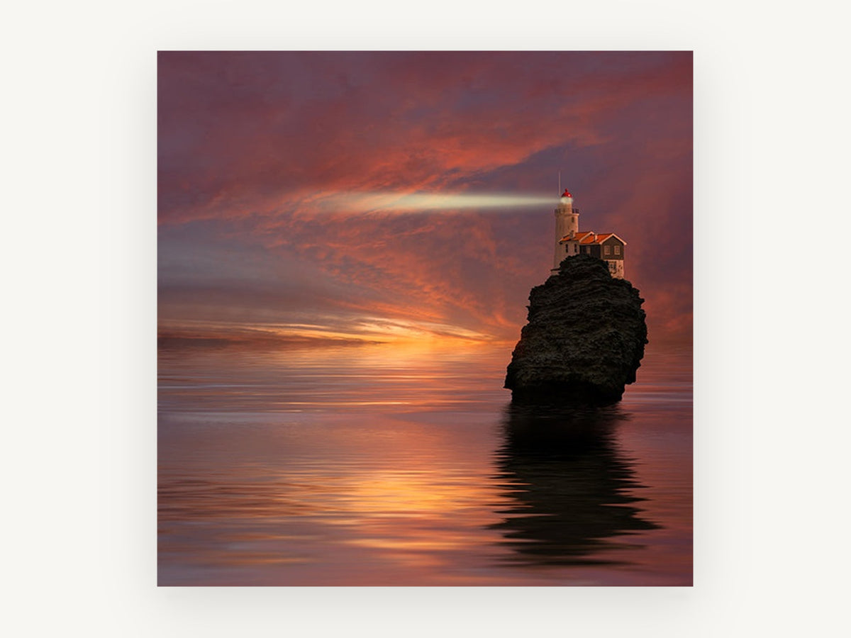 Lighthouse Rock at Dusk, lighthouse on sea rock sunset photograph, landscape canvas wall art print, front view