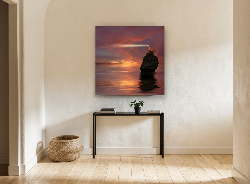 Lighthouse Rock at Dusk landscape canvas print on the wall of a hallway