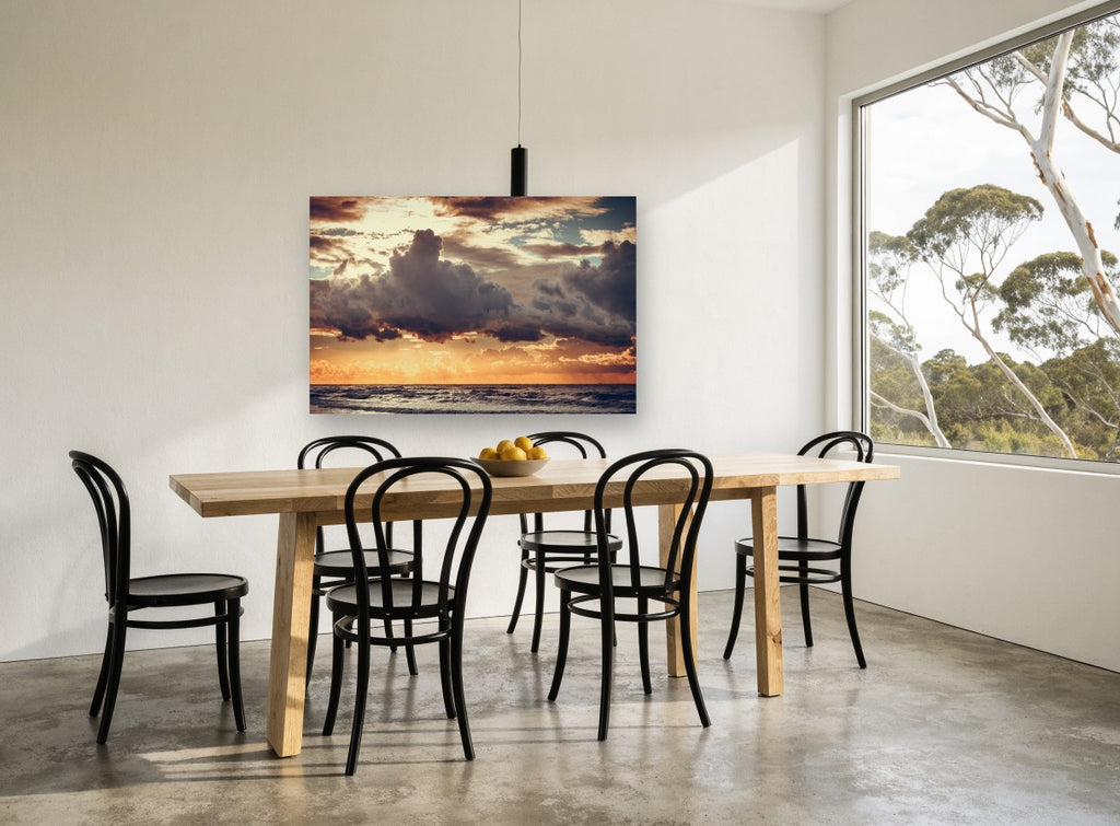 Storm Clouds at Dusk coastal canvas print on the wall of a dining room