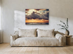 Storm Clouds at Dusk coastal canvas print on the wall of a living room