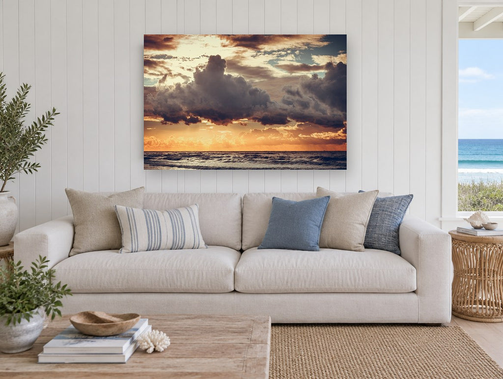 Storm Clouds at Dusk coastal canvas print on the wall of a beach house living room