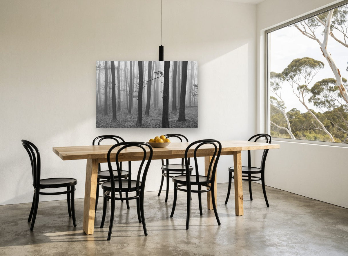 Quiet Fog Woodland landscape canvas print on the wall of a dining room