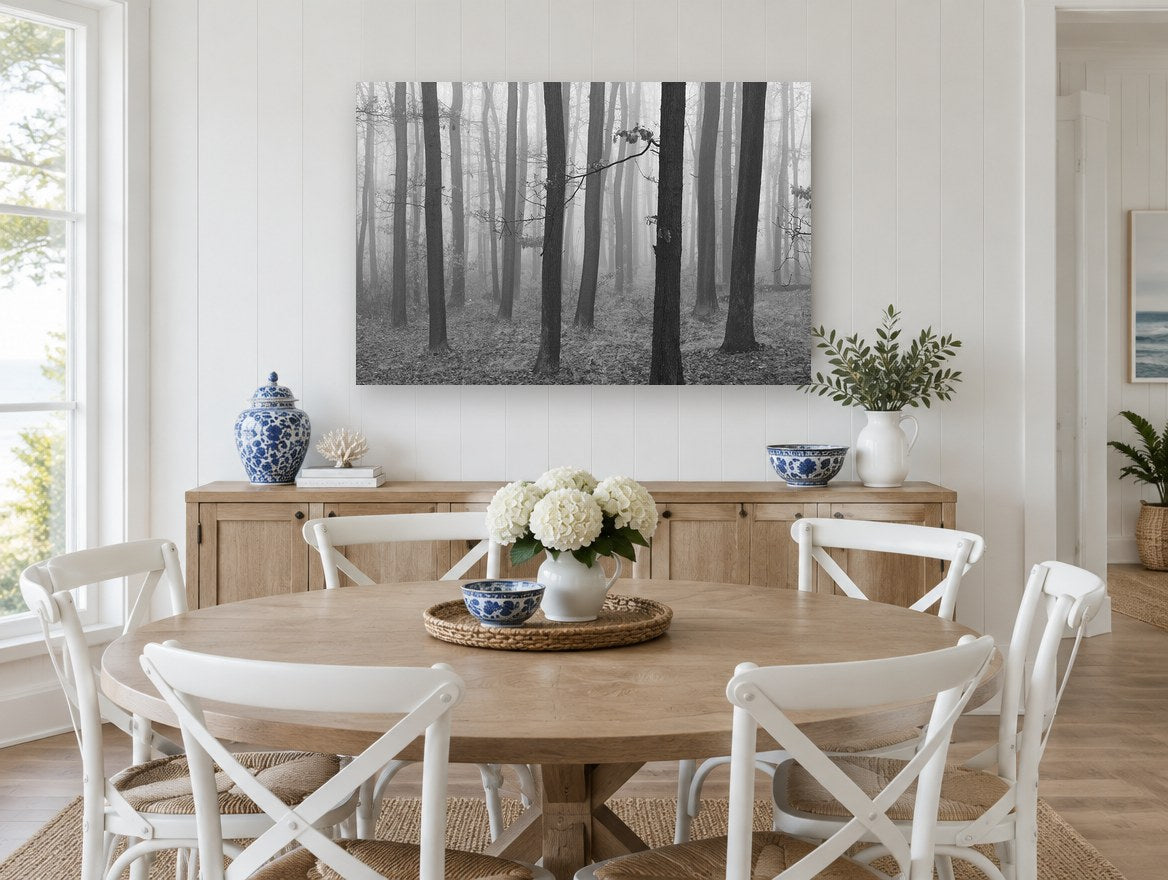 Quiet Fog Woodland landscape canvas print on the wall of a Hamptons dining room