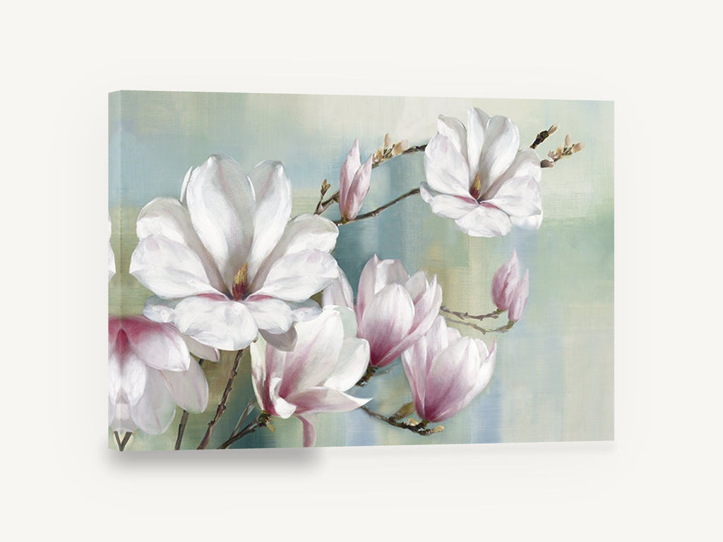 Magnolia Branch in Soft Haze, white pink magnolia blossoms branch, floral canvas wall art print ready to hang