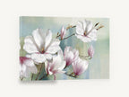 Magnolia Branch in Soft Haze, white pink magnolia blossoms branch, floral canvas wall art print ready to hang