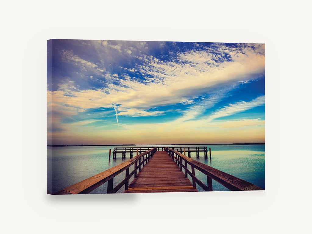 Teal Horizon Jetty, wooden pier sunrise lake photograph, landscape canvas wall art print ready to hang