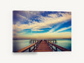Teal Horizon Jetty, wooden pier sunrise lake photograph, landscape canvas wall art print ready to hang